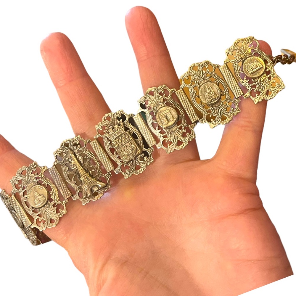Art Deco early 1970s Silver rhodium plate Paris Tour bracelet Parisian France